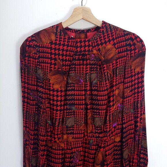 Vintage 100% Silk Anne Crimmins for Umi Collections Houndstooth + Florals Dress - Picture 3 of 16